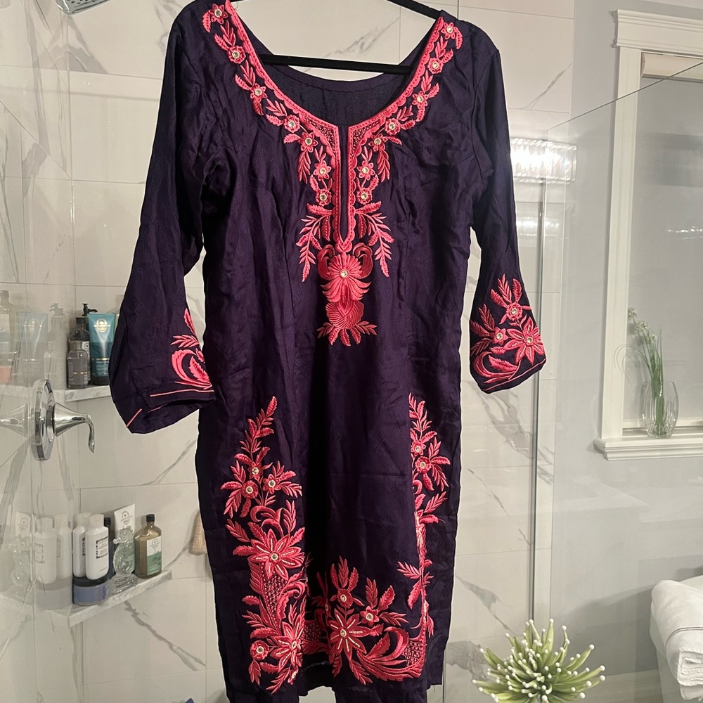 Navy blue and pink vacation dress or beach lunch dress size small ethnic style